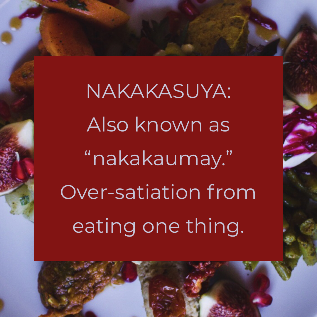 Nakakasuya: Or nakakaumay. Over-satiation from eating one thing all the time.