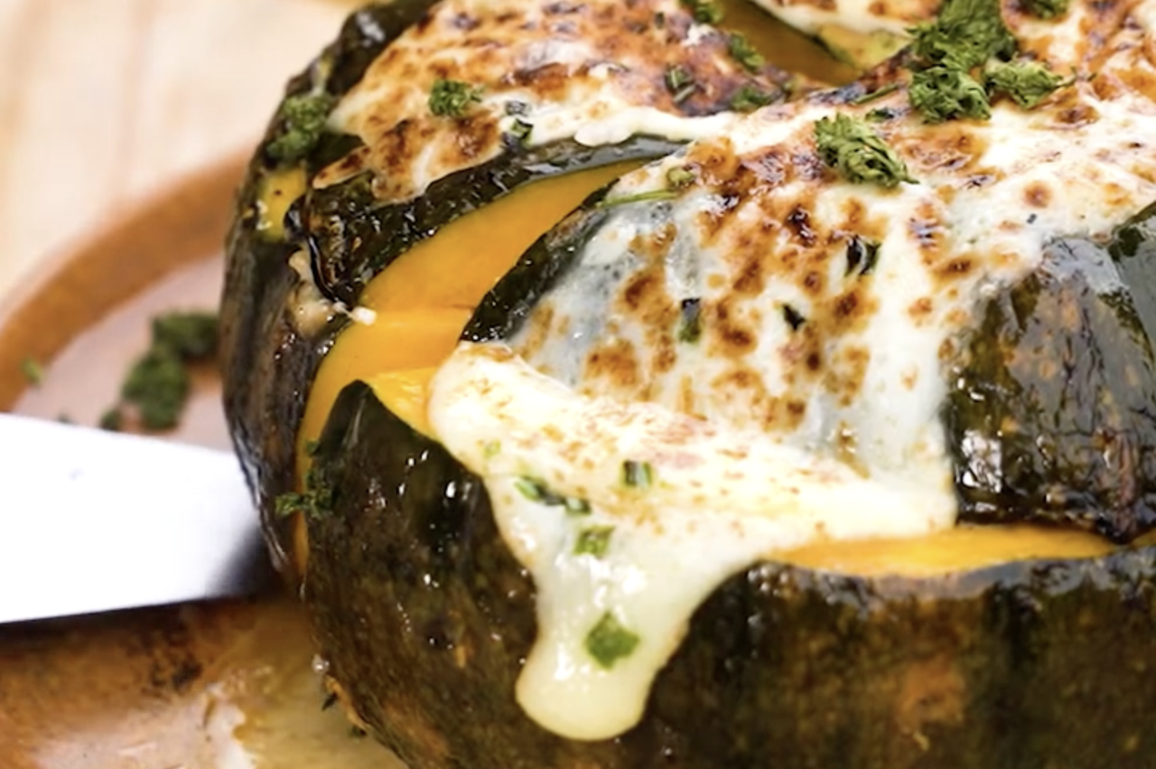 Cheesy Coconut Shrimp and Rice Stuffed Kalabasa