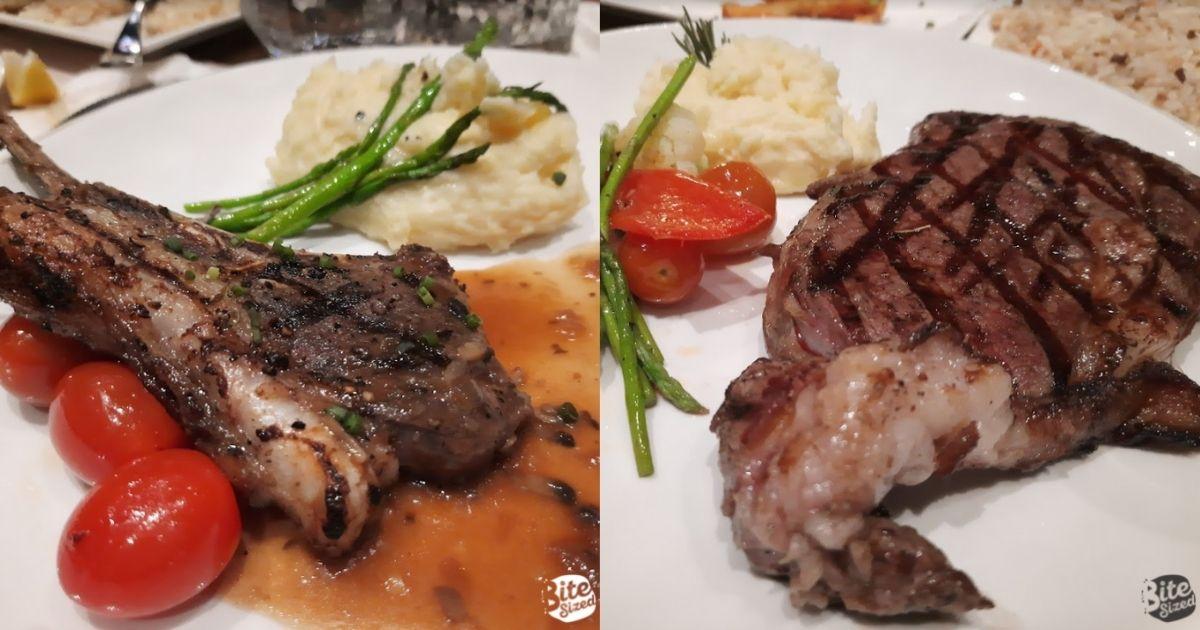 Arcana Lounge. Lamb Rack on the left. Rib-eye Steak on the right.